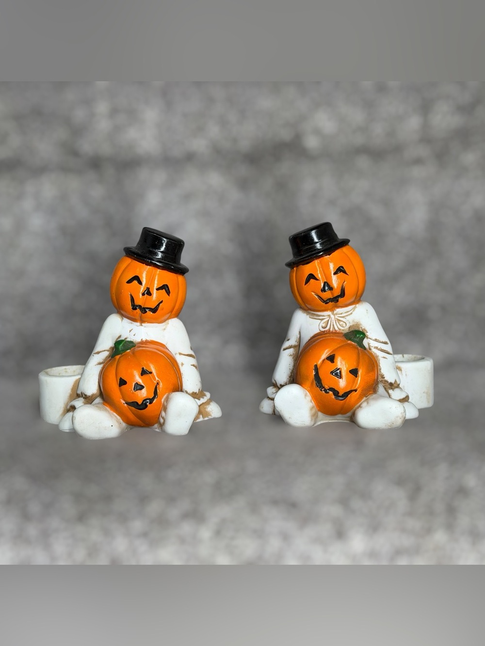 1980s Brinn’s Halloween Pumpkin Men Jack O Lantern Taper Candle Holders Pair